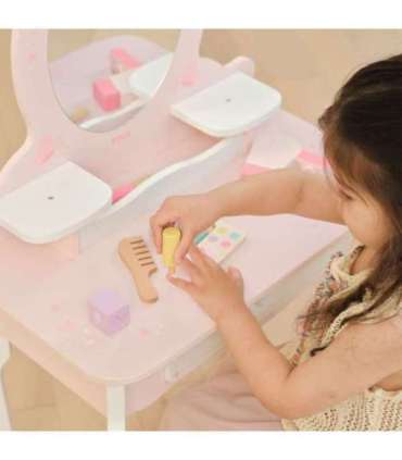 VIGA Duża Toaletka Drewniana Biało-Różowa z Lustrem i Krzesełkiem