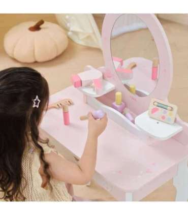 VIGA Duża Toaletka Drewniana Biało-Różowa z Lustrem i Krzesełkiem