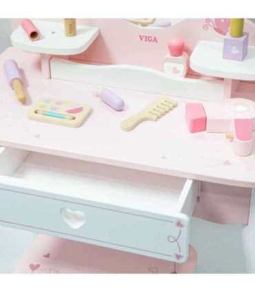 VIGA Duża Toaletka Drewniana Biało-Różowa z Lustrem i Krzesełkiem