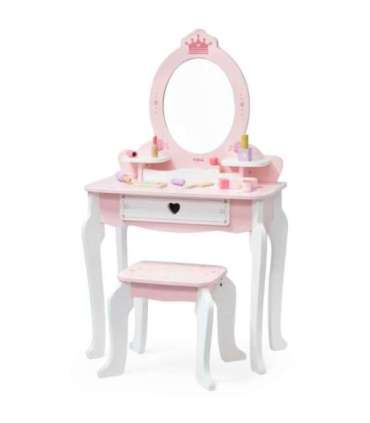 VIGA Duża Toaletka Drewniana Biało-Różowa z Lustrem i Krzesełkiem