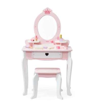 VIGA Duża Toaletka Drewniana Biało-Różowa z Lustrem i Krzesełkiem