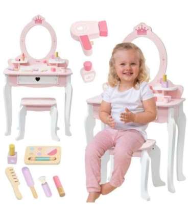 VIGA Duża Toaletka Drewniana Biało-Różowa z Lustrem i Krzesełkiem