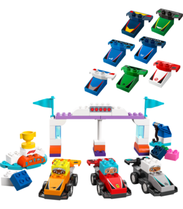 LEGO DUPLO F1 meeskonna võidusõiduautod ja sõitjad