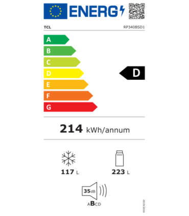 TCL RP340BSD1 Refrigerator, Freestanding, Combi, Height 1.85m, D, Fridge 223 L, Freezer 117 L, Grey TCL