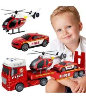 WOOPIE Zestaw Pojazdów Laweta Strażacka Helikopter Samochód Dźwięk Światła