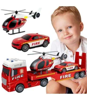 WOOPIE Zestaw Pojazdów Laweta Strażacka Helikopter Samochód Dźwięk Światła