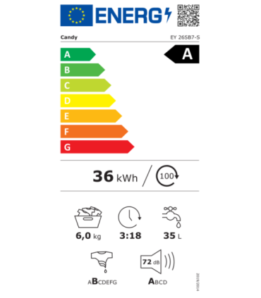 Candy EY 26SB7-S Washing Machine, A, Front loading, Depth 47 cm, 6 kg, White