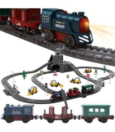 WOOPIE Elektryczna Kolejka Tor Retro Ciuchcia Lokomotywa + 2 Wagony – Zestaw 76 el.