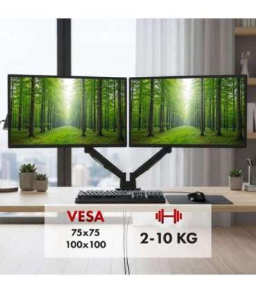 Maclean 2 monitor mount, gas spring, 17"-32", 2-10kg, black, MC-134