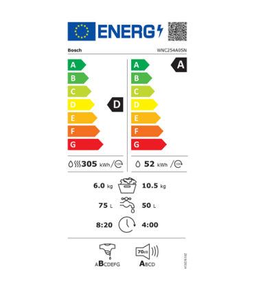 Bosch Washing Machine with Dryer WNC254A0SN Energy efficiency class D Front loading Washing capacity 10.5 kg |