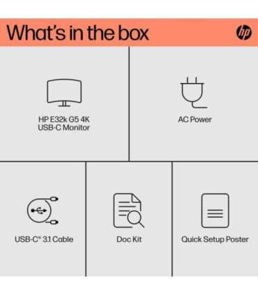 HP E32k G5 4K Charging Monitor - 31.5" 3840x2160 UHD 350-nit 60Hz AG, IPS, USB-C(65W/15W)/HDMI/DisplayPort, 3x USB-A, speaker