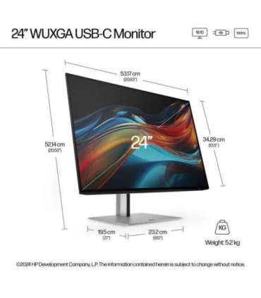 HP 724pu Series 7 Pro WUXGA Charging Monitor - 24" 1920x1200 WUXGA 350-nit 100Hz AG, IPS, USB-C(100W)/HDMI/DisplayPort Daisy-