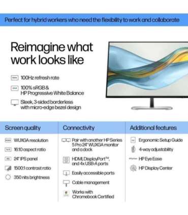 HP 524pn Series 5 Pro WUXGA Monitor - 24" 1920x1200 WUXGA 350-nit 100Hz AG, IPS, HDMI/DisplayPort, 4x USB-A, height adjustabl