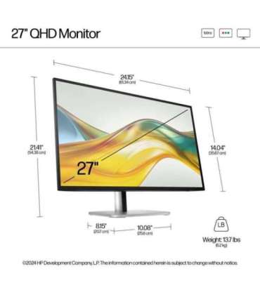 HP 527pq Series 5 Pro QHD Monitor - 27" 2560x1440 QHD 350-nit 100Hz AG, IPS, HDMI/DisplayPort, 4x USB-A, height adjustable/ti