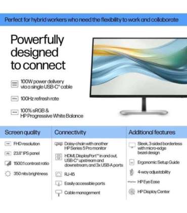HP 524pu Series 5 Pro FHD Charging Monitor - 23.8" 1920x1080 FHD 350-nit 100Hz AG, IPS, USB-C(100W/15W)/HDMI/DisplayPort Dais