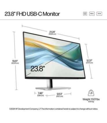 HP 524pu Series 5 Pro FHD Charging Monitor - 23.8" 1920x1080 FHD 350-nit 100Hz AG, IPS, USB-C(100W/15W)/HDMI/DisplayPort Dais
