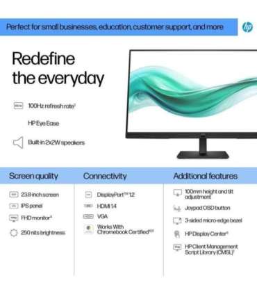 HP 324ph Series 3 Pro FHD Monitor - 23.8” 1920x1080 FHD 250-nit 100Hz AG, IPS, HDMI/VGA/DisplayPort, speakers, height adjusta