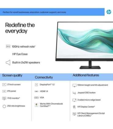 HP 327ph Series 3 Pro FHD Monitor - 27" 1920x1080 FHD 250-nit 100Hz AG, IPS, HDMI/VGA/DisplayPort, speakers, height adjustabl