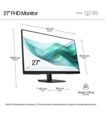 HP 327ph Series 3 Pro FHD Monitor - 27" 1920x1080 FHD 250-nit 100Hz AG, IPS, HDMI/VGA/DisplayPort, speakers, height adjustabl