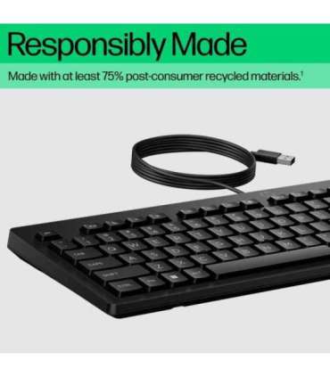 HP 125 G2 USB Wired Keyboard, Sanitizable, Copilot Key - Black - US ENG (BULK of 12 pcs)