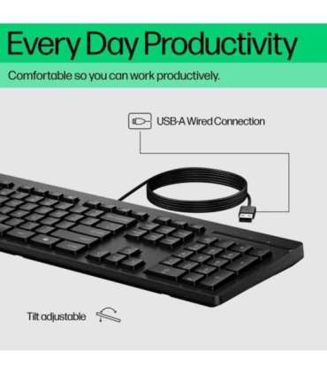 HP 125 G2 USB Wired Keyboard, Sanitizable, Copilot Key - Black - US ENG (BULK of 12 pcs)
