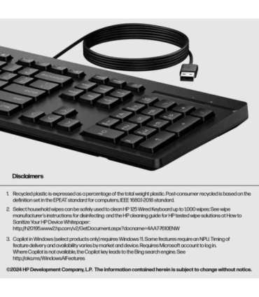 HP 125 G2 USB Wired Keyboard, Sanitizable, Copilot Key - Black - US ENG (BULK of 12 pcs)