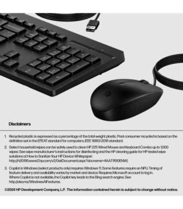 HP 225 G2 USB Wired Mouse Keyboard Combo, Copilot Key, spill resistant - Black - US ENG