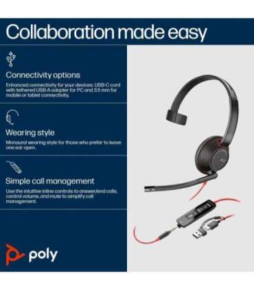 8X230AA HP Poly Blackwire 5210 Monaural USB-A Headset (207577-201)