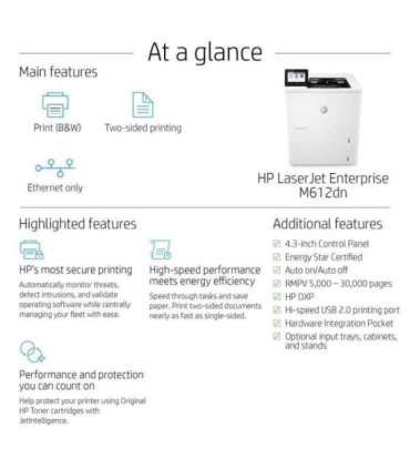 HP LaserJet Enterprise M612dn Printer - A4 Mono Laser, Print, Automatic Document Feeder, Auto-Duplex, LAN, 71ppm, 5000-30000 
