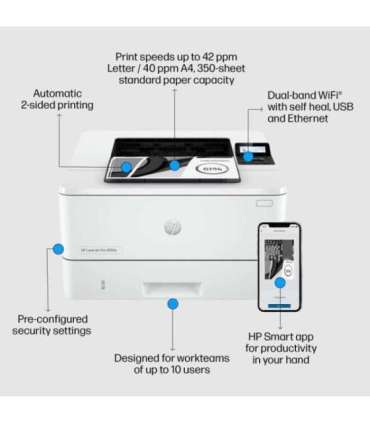 HP LaserJet Pro 4002dn Printer - A4 Mono Laser, Print, Automatic Document Feeder, Auto-Duplex, LAN, 40ppm, 750-4000 pages per