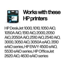HP 301 Black Ink Cartridge, 190 pages, for HP Deskjet 1000, 1050, 2050, 3000, 3050
