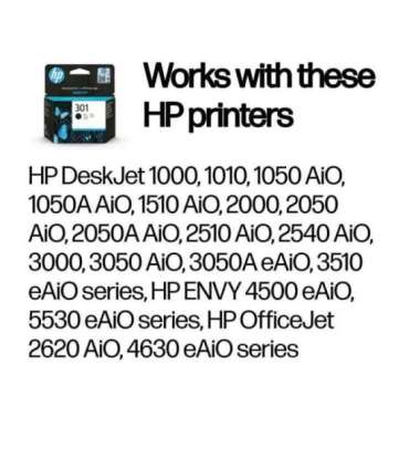 HP 301 Black Ink Cartridge, 190 pages, for HP Deskjet 1000, 1050, 2050, 3000, 3050
