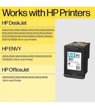 HP 301 Black Ink Cartridge, 190 pages, for HP Deskjet 1000, 1050, 2050, 3000, 3050