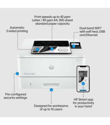 HP LaserJet Pro 4002dw Printer - A4 Mono Laser, Print, Automatic Document Feeder, Auto-Duplex, LAN, WiFi, 40ppm, 750-4000 pag