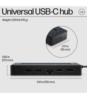 HP Universal USB-C Multiport Hub with 65W Power Adapter Notebook Charger - 2x USB-A, 2x USB-C(65W/Data), DisplayPort/HDMI, RJ