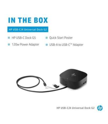 HP USB-C/A Universal DisplayLink Dock G2 120W - 4x USB 3.0, 1x USB-C, 2x DisplayPort, 1x HDMI 2.0, 1x RJ-45, 1x combo audio j