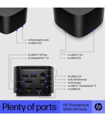 HP TB Dock G4 120W - 4x USB 3.0, 2x USB-C(15W), 1x USB-C Thunderbolt 4, 2x DisplayPort, 1x HDMI, 1x RJ-45