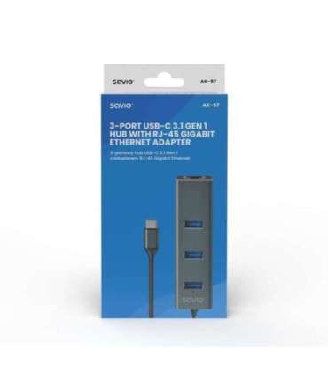 Savio AK-57 USB-C - 3 x USB-A HUB with RJ-45 Gigabit Ethernet adapter, 5000 Mbit/s, grey