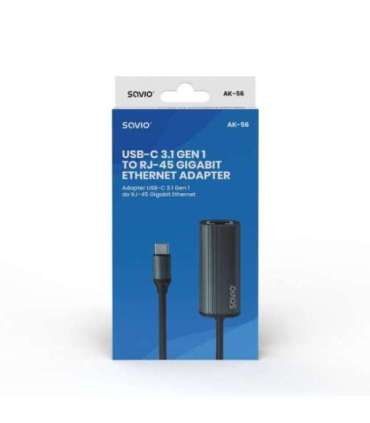 SAVIO Adapter USB-C 3.1 Gen.1 (M) to RJ-45 Gigabit Ethernet (F), 1000 Mbps, AK-56, grey