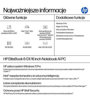 HP EliteBook 6 G1i Ultra 7 265U 16.0"WUXGA IPS 300nits AG 24GB DDR5 5600 SSD512 Arc Cam 5Mpx 56Wh W11Pro Pike silver