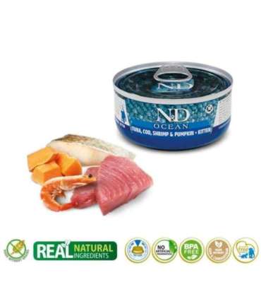 FARMINA N&D Ocean Kitten Tuna, Cod, Shrimp & Pumpkin – wet food for kittens – 70g