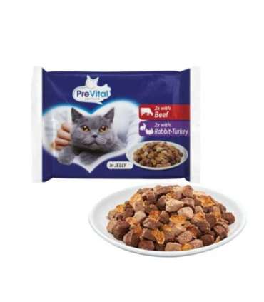 PREVITAL Beef and rabbit with turkey in jelly – wet cat food – 4 x 100g