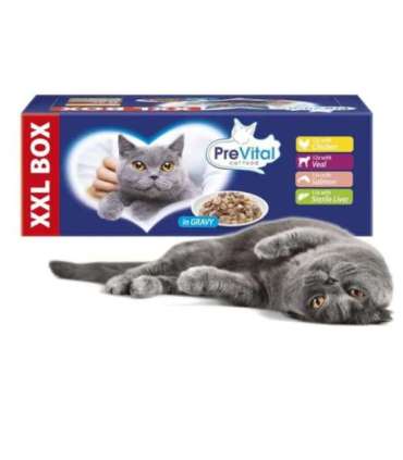PREVITAL XXL BOX Flavor Mix with Chicken, Veal, Salmon, and Liver in Gravy - Wet Cat Food - 48 x 100g