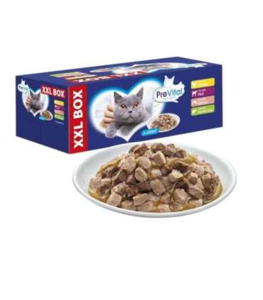 PREVITAL XXL BOX Flavor Mix with Chicken, Veal, Salmon, and Liver in Gravy - Wet Cat Food - 48 x 100g