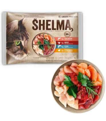 SHELMA Rich in salmon, cod, beef and chicken - wet cat food - 4x85g