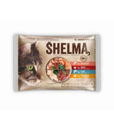 SHELMA Rich in salmon, cod, beef and chicken - wet cat food - 4x85g