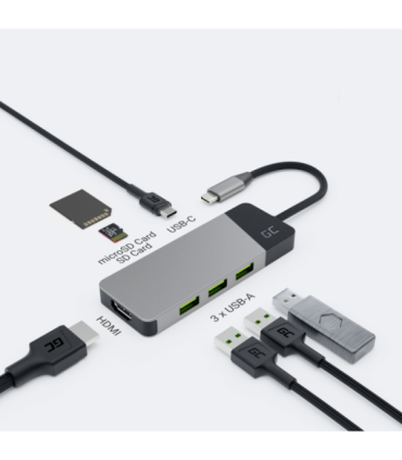 GREEN CELL HUB USB-C ADAPTER GC CONNECT 7W1 (3XUSB 3.1, HDMI 4K 60HZ, USB-C PD 85W, MICROSD/SD)