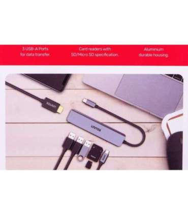 UNITEK HUB USB-C H1118A USB-A x3, USB-C, HDMI, SD, microSD