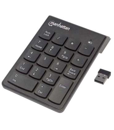 Manhattan Numeric Keypad, Wireless (2.4GHz), USB-A Micro Receiver, 18 Full Size Keys, Black, Membrane Key Switches, Auto