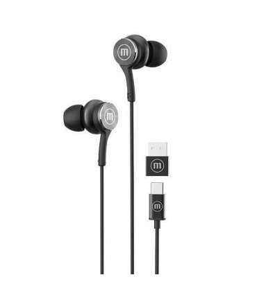 Maxell XC1 USB-C wired headphones with USB-A adapter black